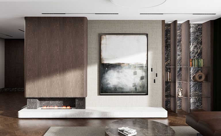 Wnętrze eklektyczne z kominkiem, dużym oknem i elementami quiet luxury