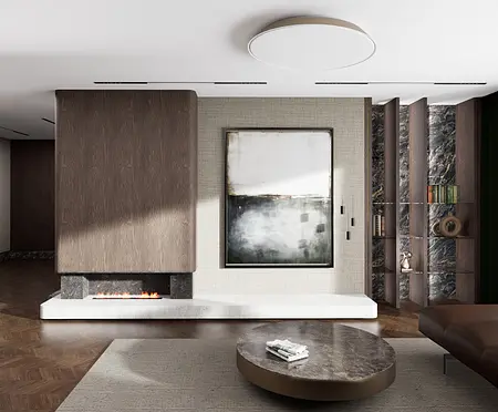 Wnętrze eklektyczne z kominkiem, dużym oknem i elementami quiet luxury