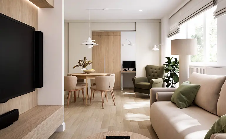Nowoczesny salon w stylu japandi, minimalistyczny z drewnianymi elementami.