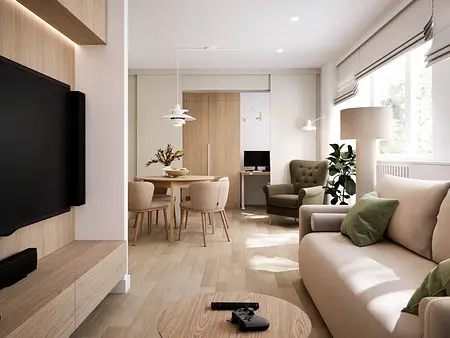 Nowoczesny salon w stylu japandi, minimalistyczny z drewnianymi elementami.