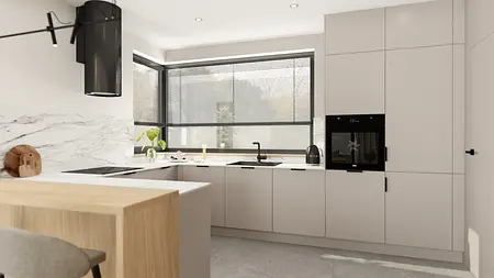 Nowoczesna kuchnia w stylu minimalizmu z jasnymi meblami, czarnymi akcentami i marmurowym blatem.