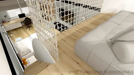Wnętrze z nowoczesnym biurkiem, jasnym sofą i drewnianą podłogą.