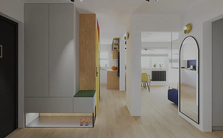 Przedpokój z zieloną ławką, drewnianymi meblami i dużym lustrem w stylu dopamine decor.