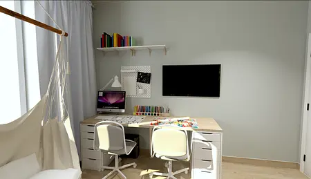 Wnętrze pokoju z biurkiem, komputerem i kolorowymi akcesoriami. Styl współczesny.