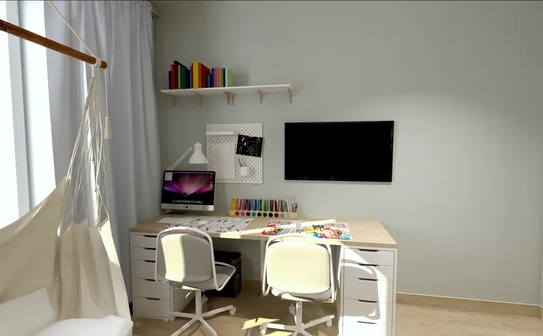 Wnętrze pokoju z biurkiem, komputerem i kolorowymi akcesoriami. Styl współczesny.