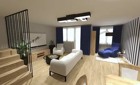 Wnętrze salonu z niebieską sofą, drewnianymi meblami i roślinami.