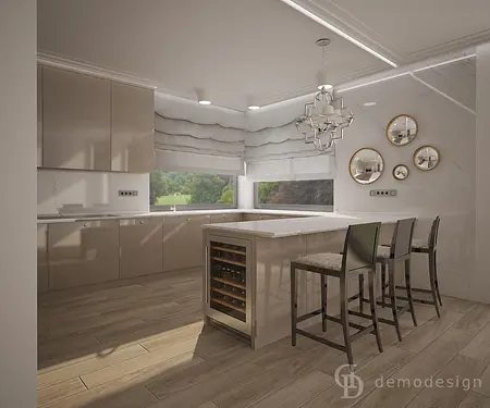 Nowoczesna kuchnia z beżowymi meblami, marmurowym blatem, glamour i quiet luxury.
