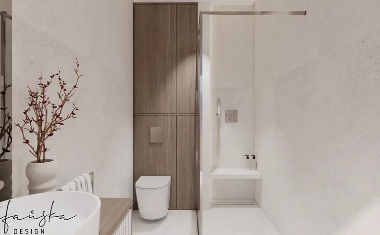 Nowoczesna łazienka w stylu soft minimalizm z drewnianymi elementami.