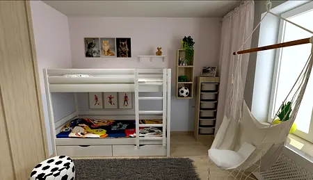 Pokój dziecięcy z łóżkiem piętrowym, zabawkami i nowoczesnymi akcesoriami.