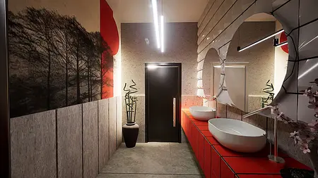 Wnętrze salonu z minimalistycznym designem, nowoczesnymi meblami i dużymi oknami.