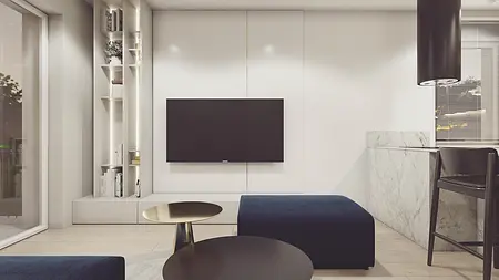 Nowoczesne wnętrze salonu z niebieskimi pufami i telewizorem, styl minimaluxe.