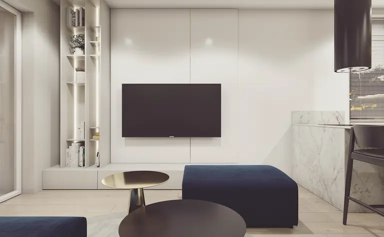 Nowoczesne wnętrze salonu z niebieskimi pufami i telewizorem, styl minimaluxe.