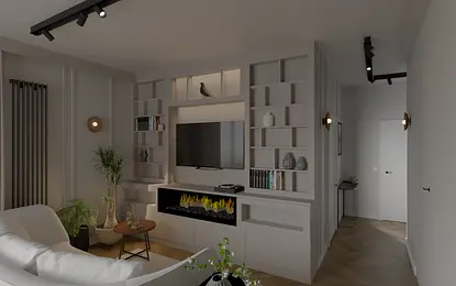 Wnętrze salonu z sofą, telewizorem i roślinami w stylu soft minimalizm oraz współczesnym.