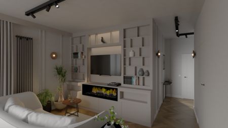 Wnętrze salonu z sofą, telewizorem i roślinami w stylu soft minimalizm oraz współczesnym.