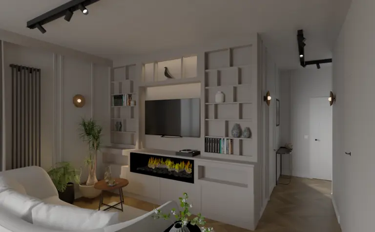 Wnętrze salonu z sofą, telewizorem i roślinami w stylu soft minimalizm oraz współczesnym.