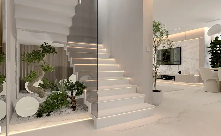 Wnętrze z białymi schodami, roślinami i nowoczesnym telewizorem w stylu glamour, japandi, quiet luxury.