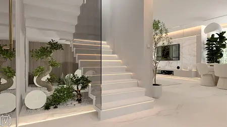 Wnętrze z białymi schodami, roślinami i nowoczesnym telewizorem w stylu glamour, japandi, quiet luxury.
