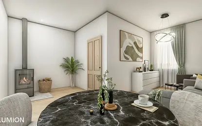 Nowoczesne wnętrze w stylu boho i współczesnym z kominkiem, roślinami i eleganckim stołem.
