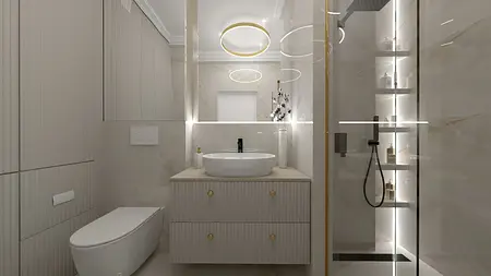 Stylowa łazienka w stylu art deco i glamour z nowoczesnym oświetleniem.