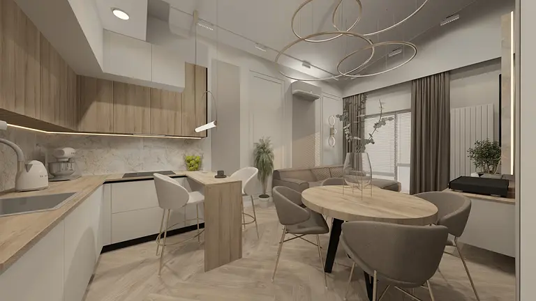 Wnętrze kuchni w stylu glamour z drewnianymi meblami i nowoczesnym oświetleniem.