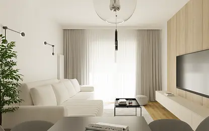Wnętrze salonu w stylu boho i japandi z jasną sofą, rośliną i drewnianymi detalami.