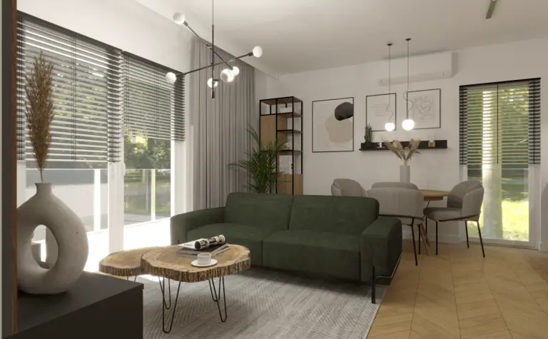 Wnętrze z zieloną sofą, drewnianym stolikiem i roślinami w stylu industrialnym i minimalistycznym.
