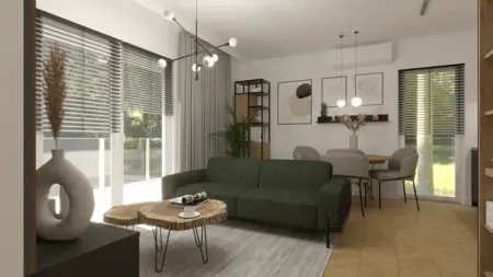 Wnętrze z zieloną sofą, drewnianym stolikiem i roślinami w stylu industrialnym i minimalistycznym.