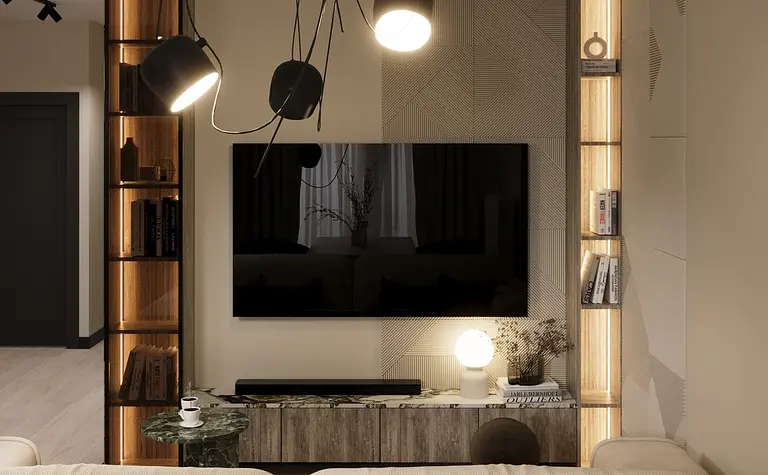 Wnętrze salonu w stylu eklektycznym z minimalistycznym oświetleniem.