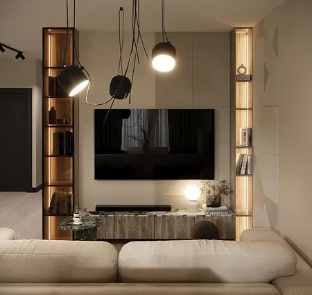Wnętrze salonu w stylu eklektycznym z minimalistycznym oświetleniem.
