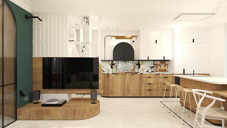 Wnętrze kuchni w stylu eklektycznym z drewnianymi meblami i nowoczesnymi akcentami.