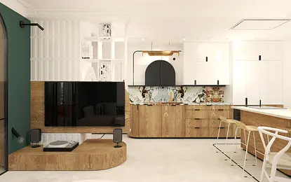 Wnętrze kuchni w stylu eklektycznym z drewnianymi meblami i nowoczesnymi akcentami.