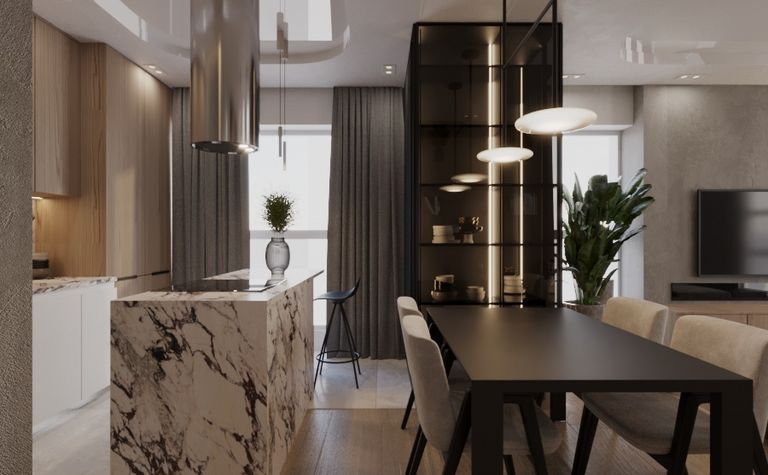 Wnętrze jadalni z marmurowym blatem, drewnianym stołem i eleganckimi lampami. Glamour, minimaluxe, nowoczesny, quiet luxury.