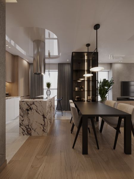 Wnętrze jadalni z marmurowym blatem, drewnianym stołem i eleganckimi lampami. Glamour, minimaluxe, nowoczesny, quiet luxury.