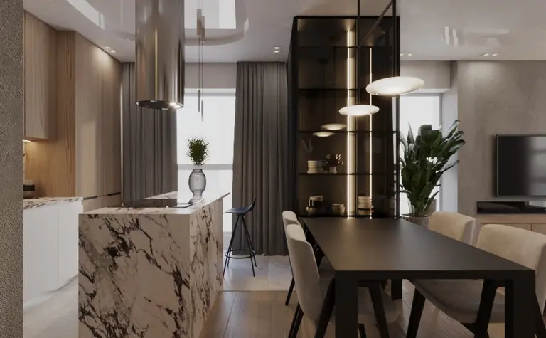 Wnętrze jadalni z marmurowym blatem, drewnianym stołem i eleganckimi lampami. Glamour, minimaluxe, nowoczesny, quiet luxury.