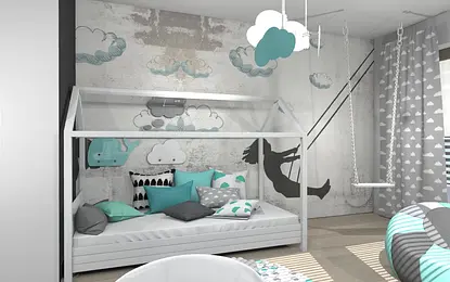 Pokój dziecięcy z chmurkami, huśtawką i pastelowymi akcentami. Styl dopamine decor, japandi, nowoczesny.