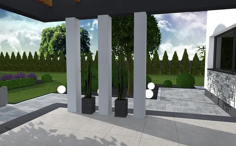 Taras w stylu industrialnym z roślinami, minimalistycznymi detalami oraz nowoczesnymi akcentami.