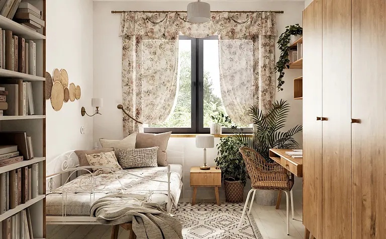 Wnętrze sypialni w stylu boho, eklektycznym i rustykalnym z białym łóżkiem i roślinami.
