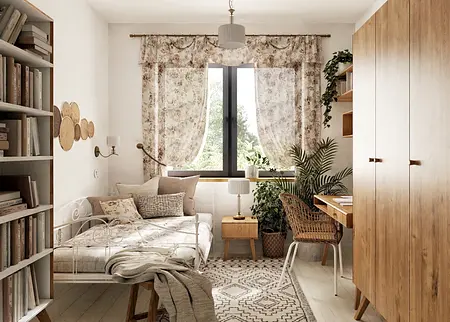 Wnętrze sypialni w stylu boho, eklektycznym i rustykalnym z białym łóżkiem i roślinami.
