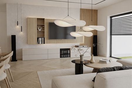 Salon w stylach boho, japandi, minimalistycznym, skandynawskim z drewnianymi meblami.