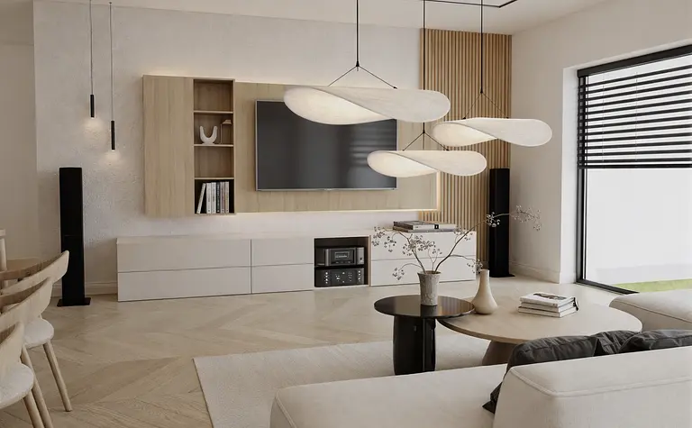 Salon w stylach boho, japandi, minimalistycznym, skandynawskim z drewnianymi meblami.