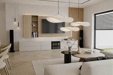 Salon w stylach boho, japandi, minimalistycznym, skandynawskim z drewnianymi meblami.