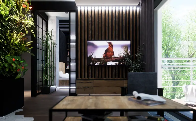 Nowoczesny salon z drewnianymi elementami, roślinnością i telewizorem