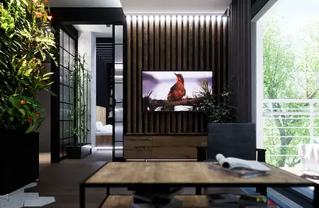 Nowoczesny salon z drewnianymi elementami, roślinnością i telewizorem