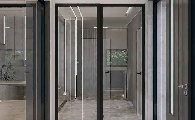 Minimalistyczny przedpokój w stylu minimaluxe z nowoczesnymi akcentami.
