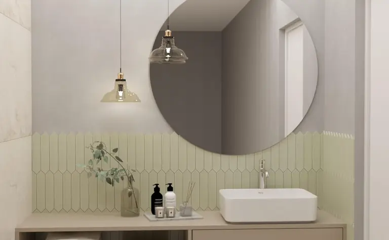 Nowoczesna łazienka w stylu japandi z minimalistycznymi meblami.