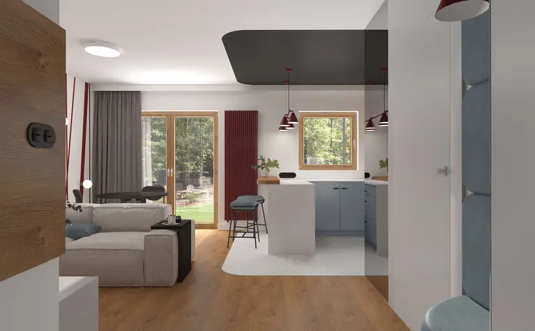 Wnętrze z kuchnią i salonem w stylu dopamine decor, z niebieskimi meblami i drewnianą podłogą.