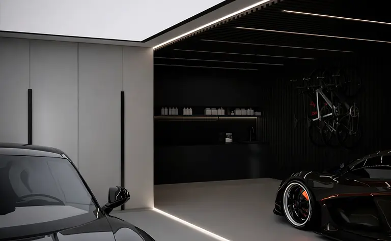 Nowoczesny garaż z czarnymi samochodami, oświetleniem LED i eleganckimi detalami.