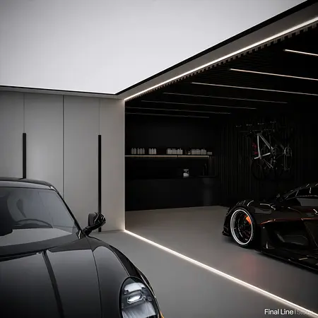 Nowoczesny garaż z czarnymi samochodami, oświetleniem LED i eleganckimi detalami.