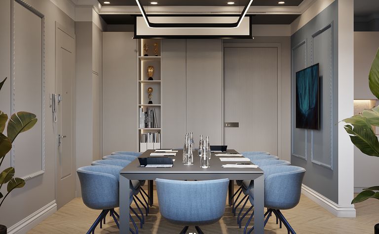 Projekt biura z niebieskim akcentem