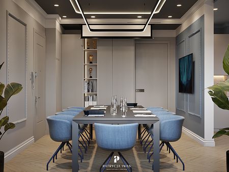 Projekt biura z niebieskim akcentem